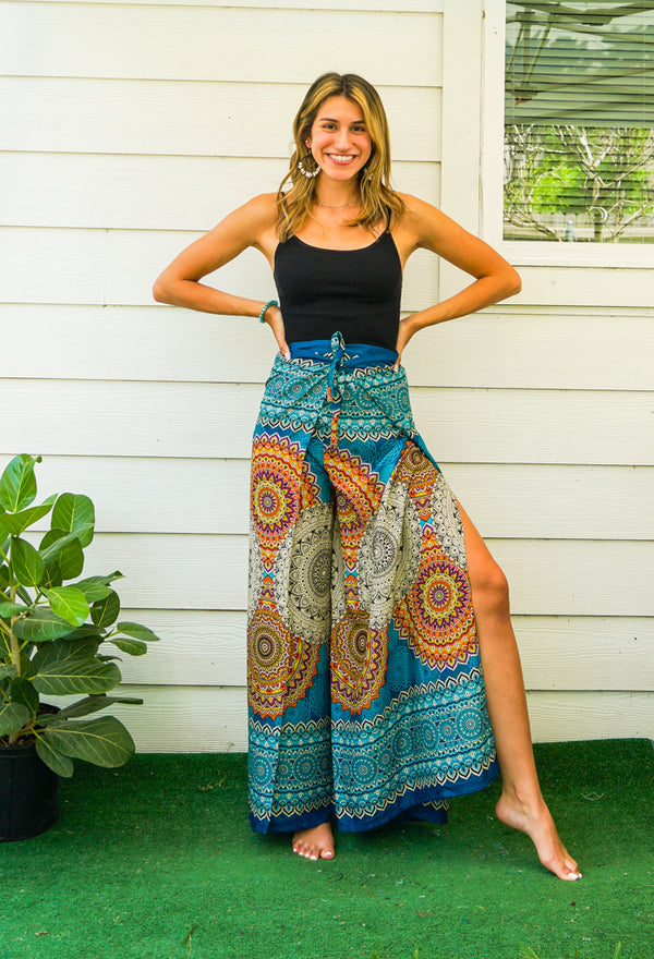 Turquoise Blue Raw Natural Cotton Palazzo Wrap Pants