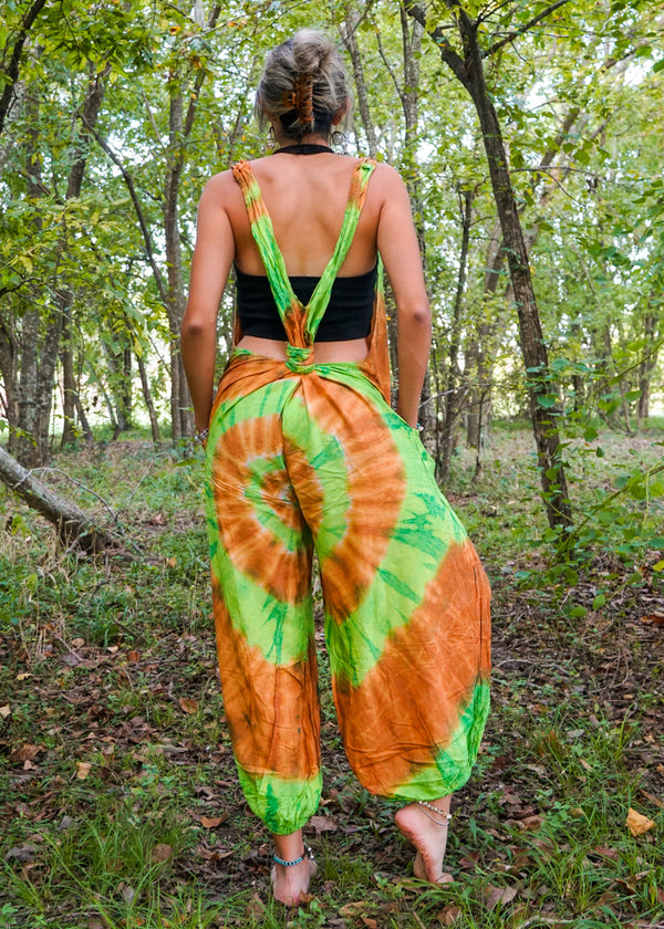 Green and Orange Swirl Tie Dye Hippie Racerback Jumpsuit Romper - Lamsri  Bohemian