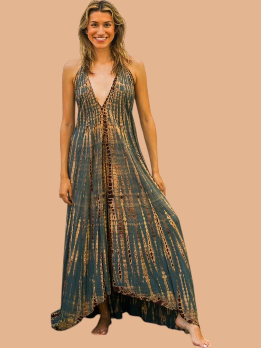 Earthy Forest Green Tie Dye Maxi Dress