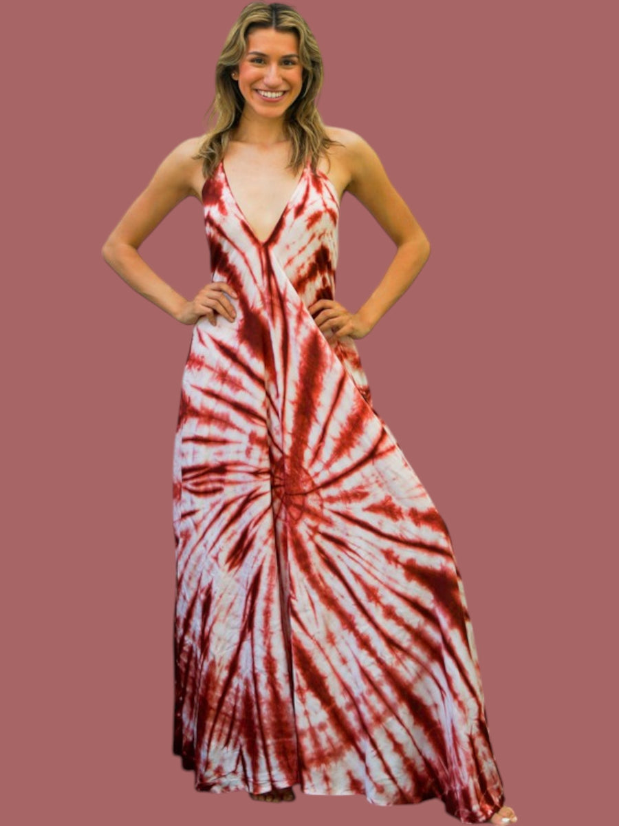 Rust Red Starburst Tie Dye Maxi Dress