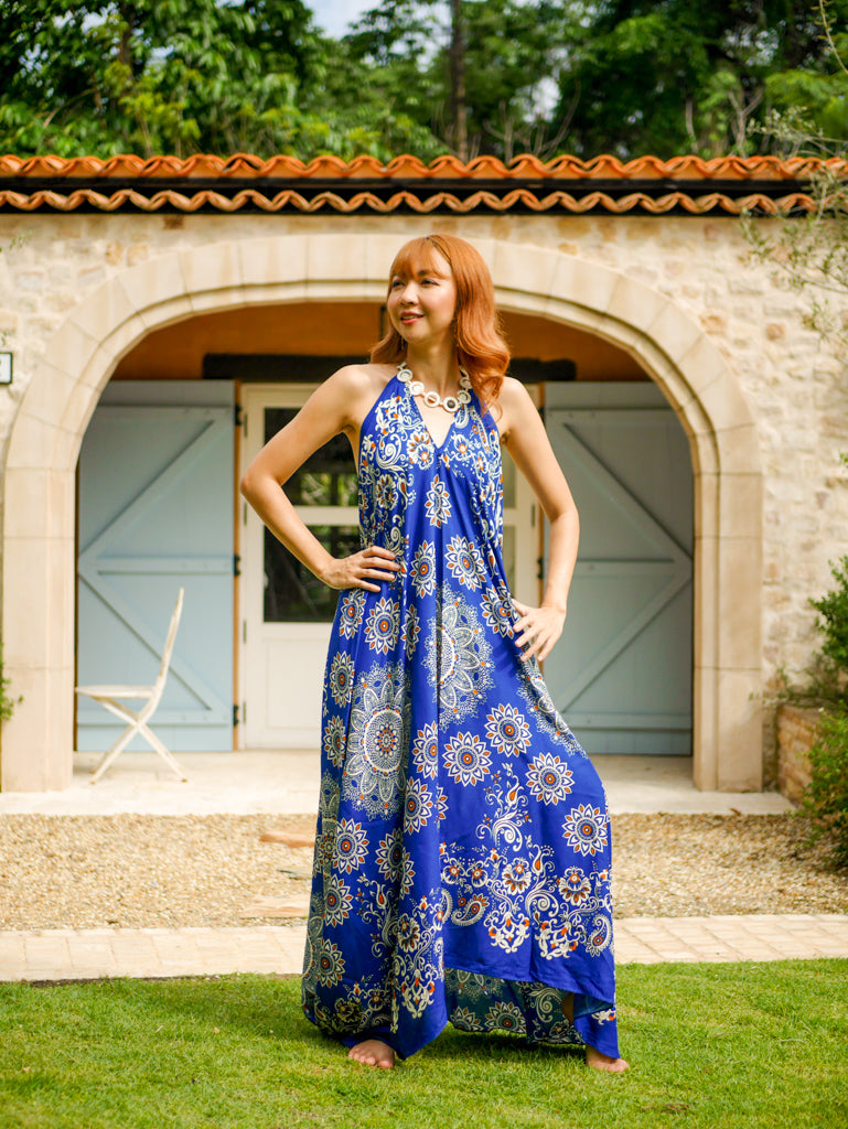 Royal Blue Floral Paisley Mandala Goddess Boho Maxi Dress