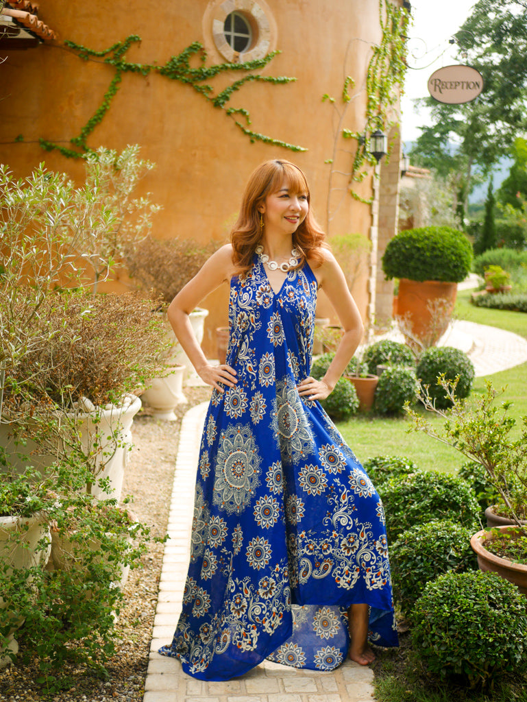 Royal Blue Floral Paisley Mandala Goddess Boho Maxi Dress