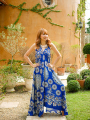 Royal Blue Floral Paisley Mandala Goddess Boho Maxi Dress