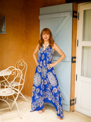 Royal Blue Floral Paisley Mandala Goddess Boho Maxi Dress