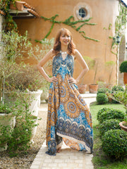 Gold Blue Floral Mandala Goddess Boho Maxi Dress