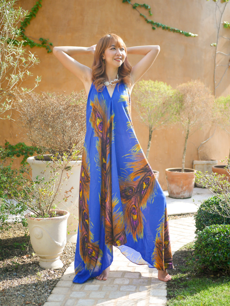 Blue Peacock Feather Goddess Boho Maxi Dress