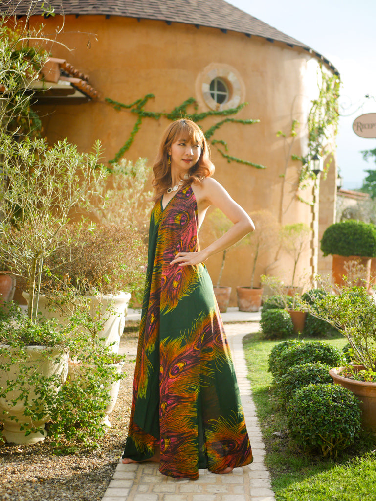 Green Peacock Feather Goddess Boho Maxi Dress