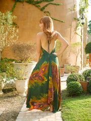 Green Peacock Feather Goddess Boho Maxi Dress