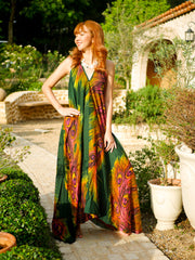 Green Peacock Feather Goddess Boho Maxi Dress