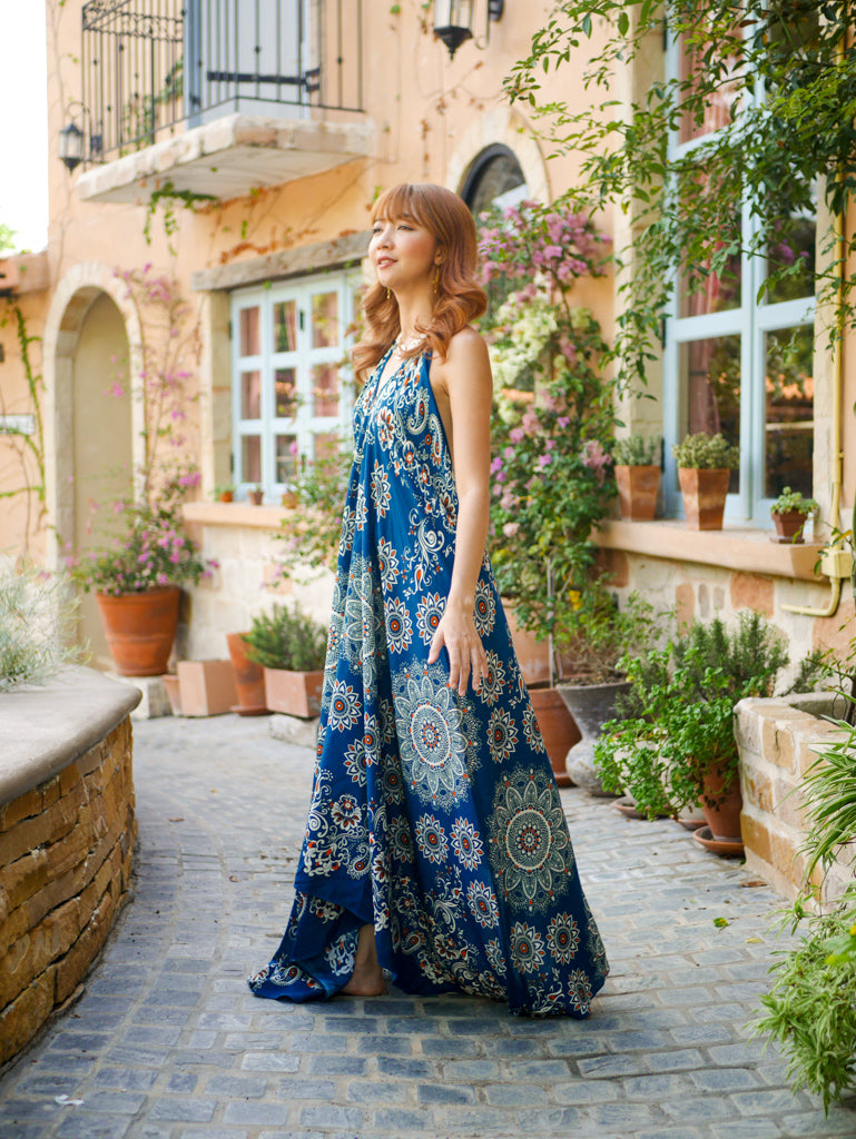 Teal Blue Paisley Floral Mandala Floral Mandala Goddess Boho Maxi Dress