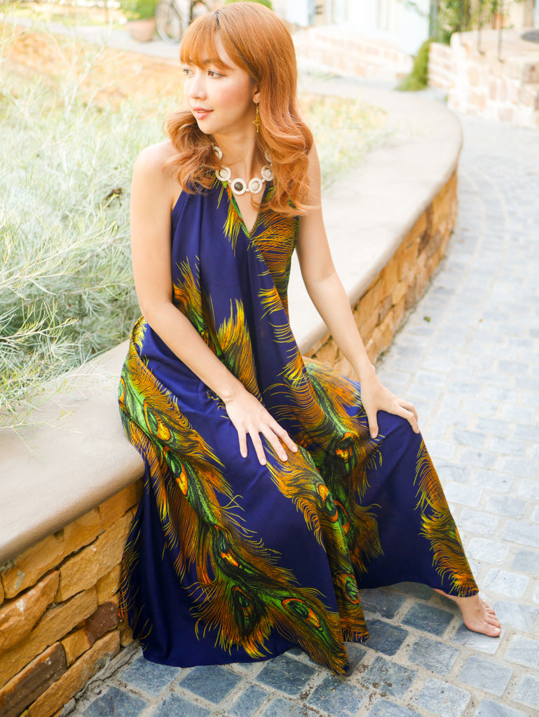 Dark Blue Peacock Boho Goddess Maxi Dress