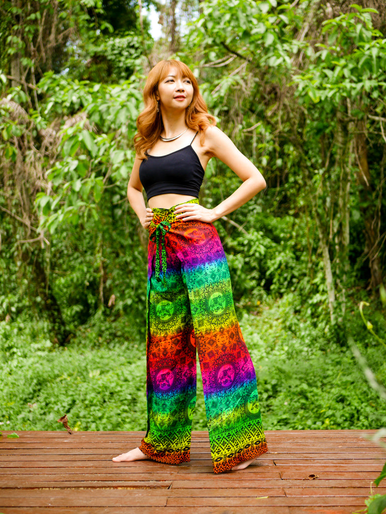 Rainbow Elephant Mandala Palazzo Wrap Pants