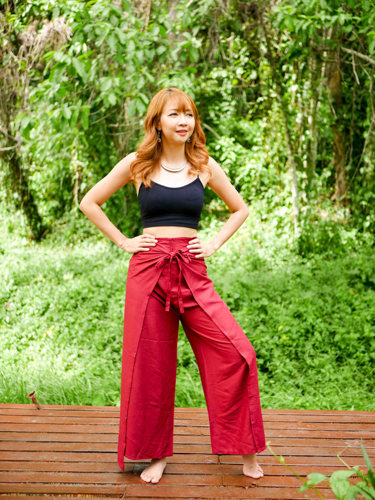 Wine Red Palazzo Wrap Pants