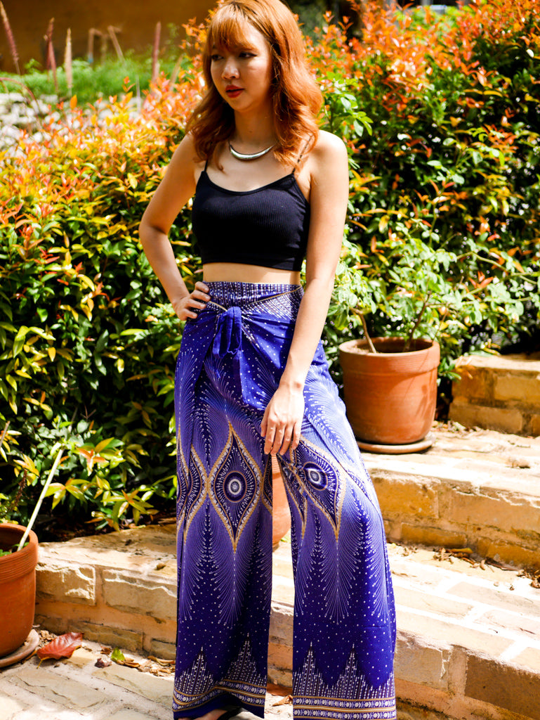 Royal Blue Peacock Palazzo Wrap Pants