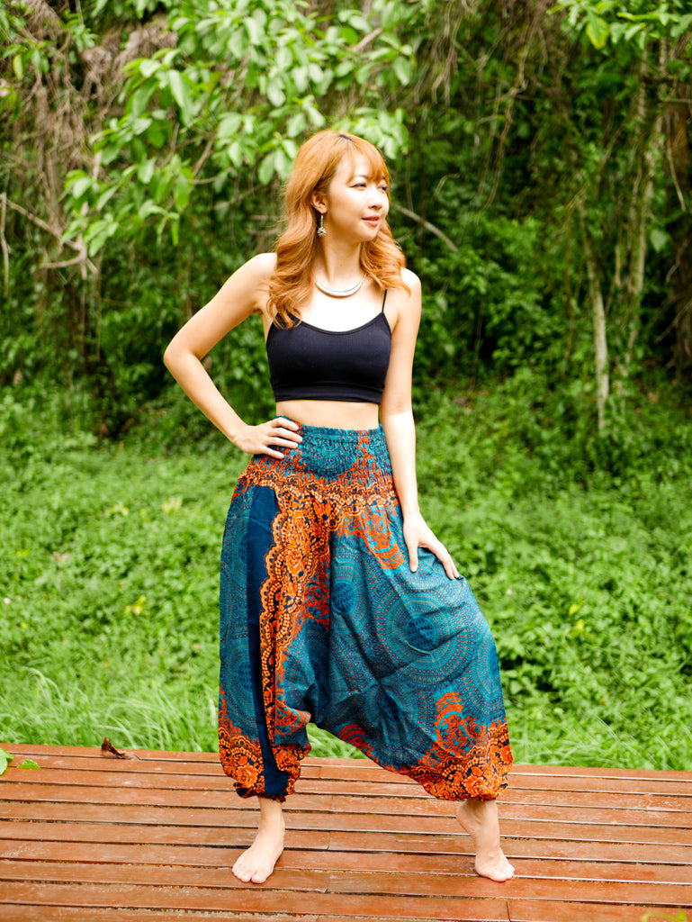 Teal and Orange Mandala Low Cut Harem Pants