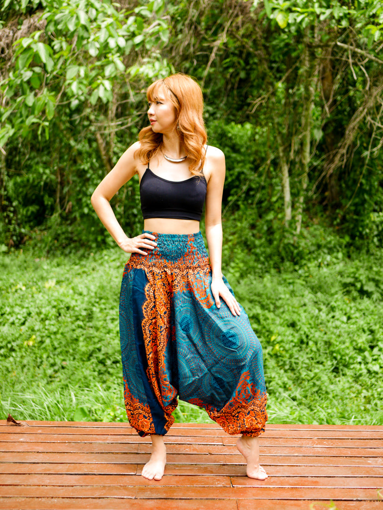 Teal Green Mandala Low Cut Harem Pants