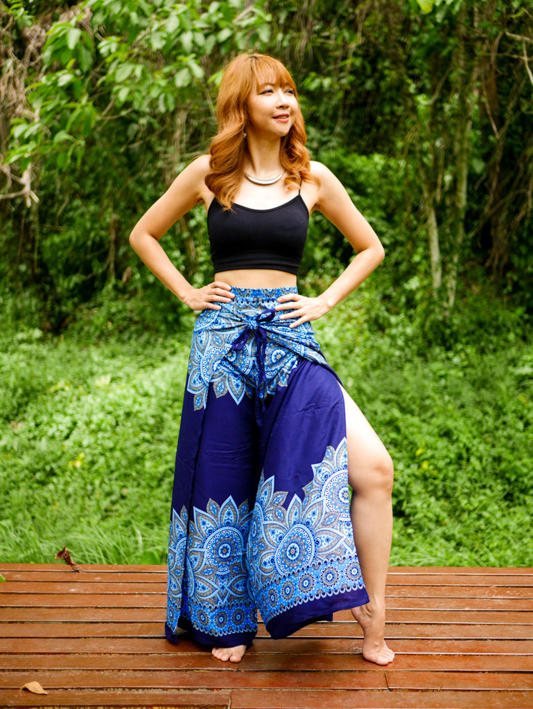 Blue Floral Mandala Palazzo Wrap Pants