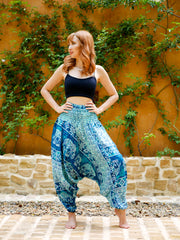 Turquoise Blue Elephant Low Cut Harem Pants