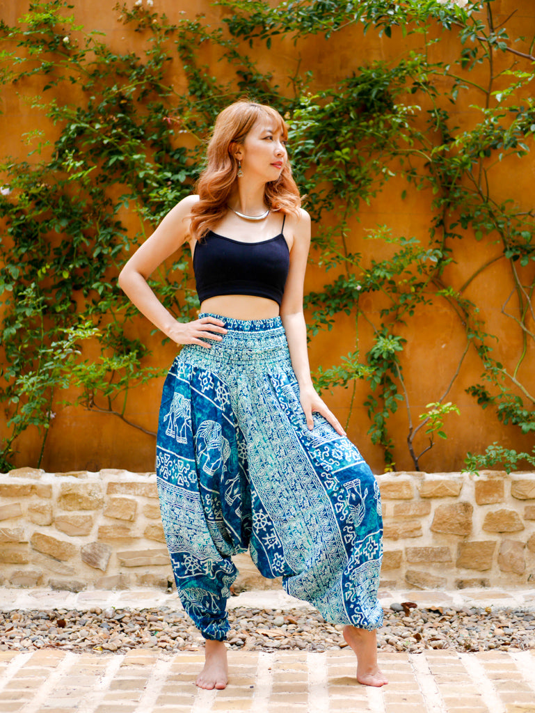 Turquoise Blue Elephant Low Cut Harem Pants