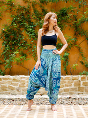 Turquoise Blue Elephant Low Cut Harem Pants