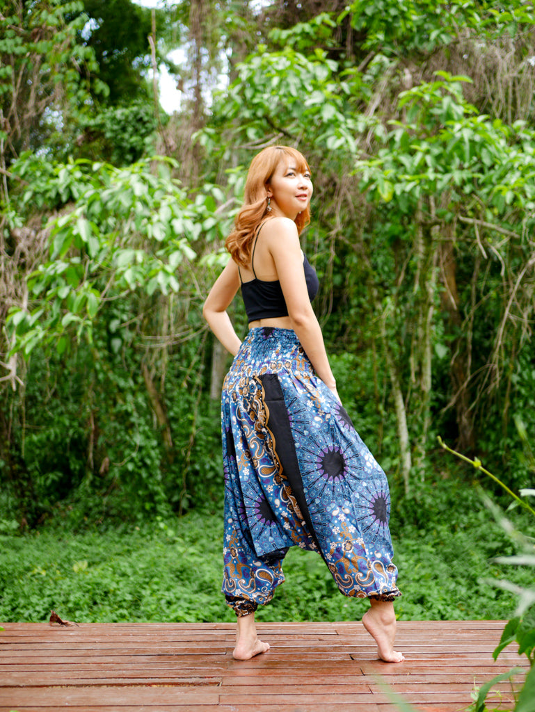 Black and Blue Paisley Mandala Low Cut Harem Pants