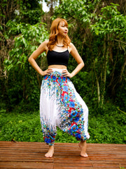 White Florals Low Cut Harem Pants