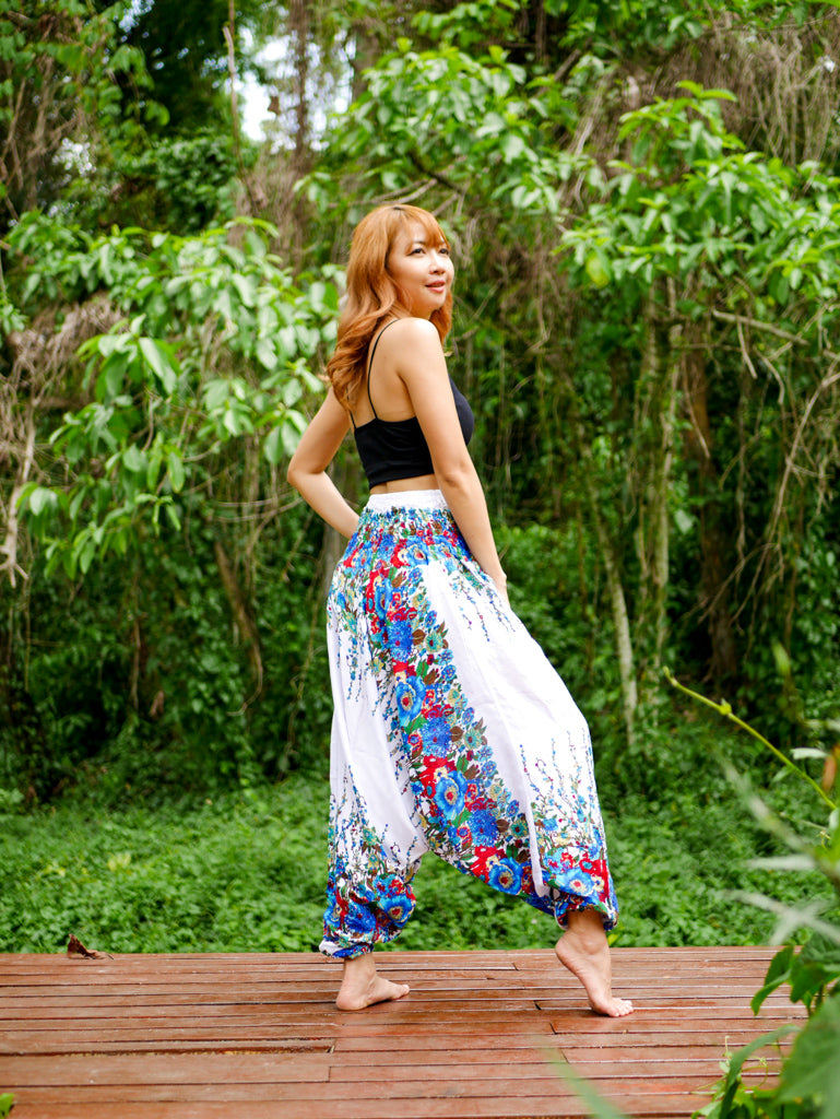 White Florals Low Cut Harem Pants