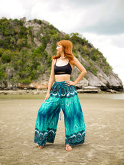 Turquoise Peacock Wide Leg Palazzo Pants