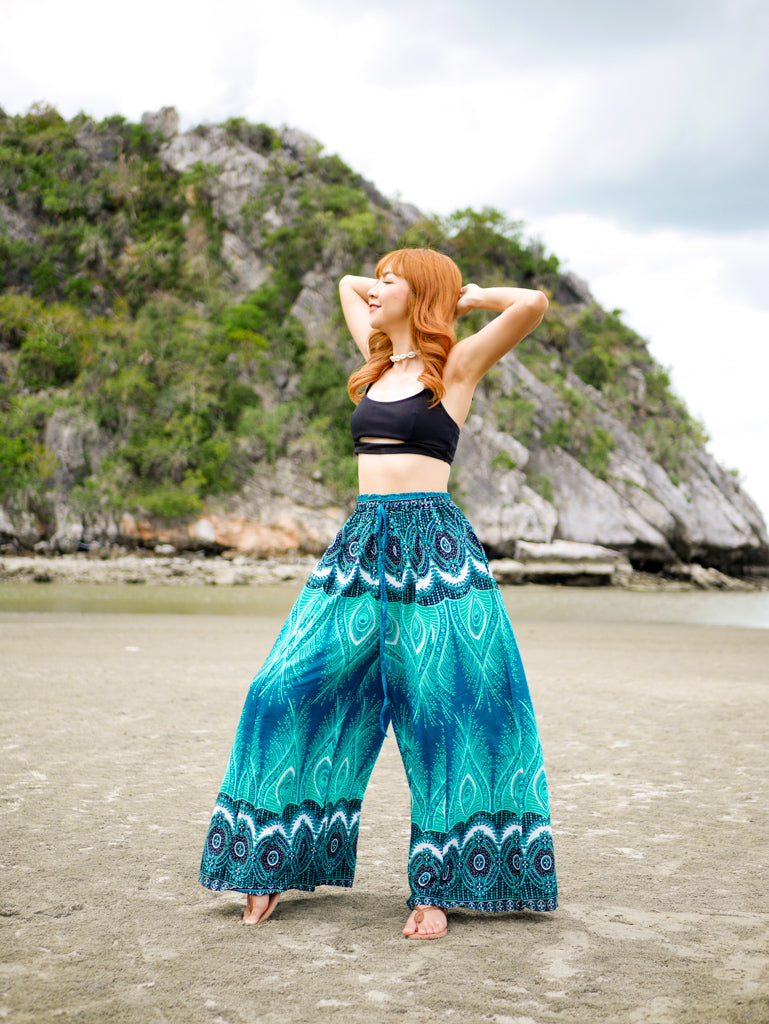 Turquoise Peacock Wide Leg Palazzo Pants