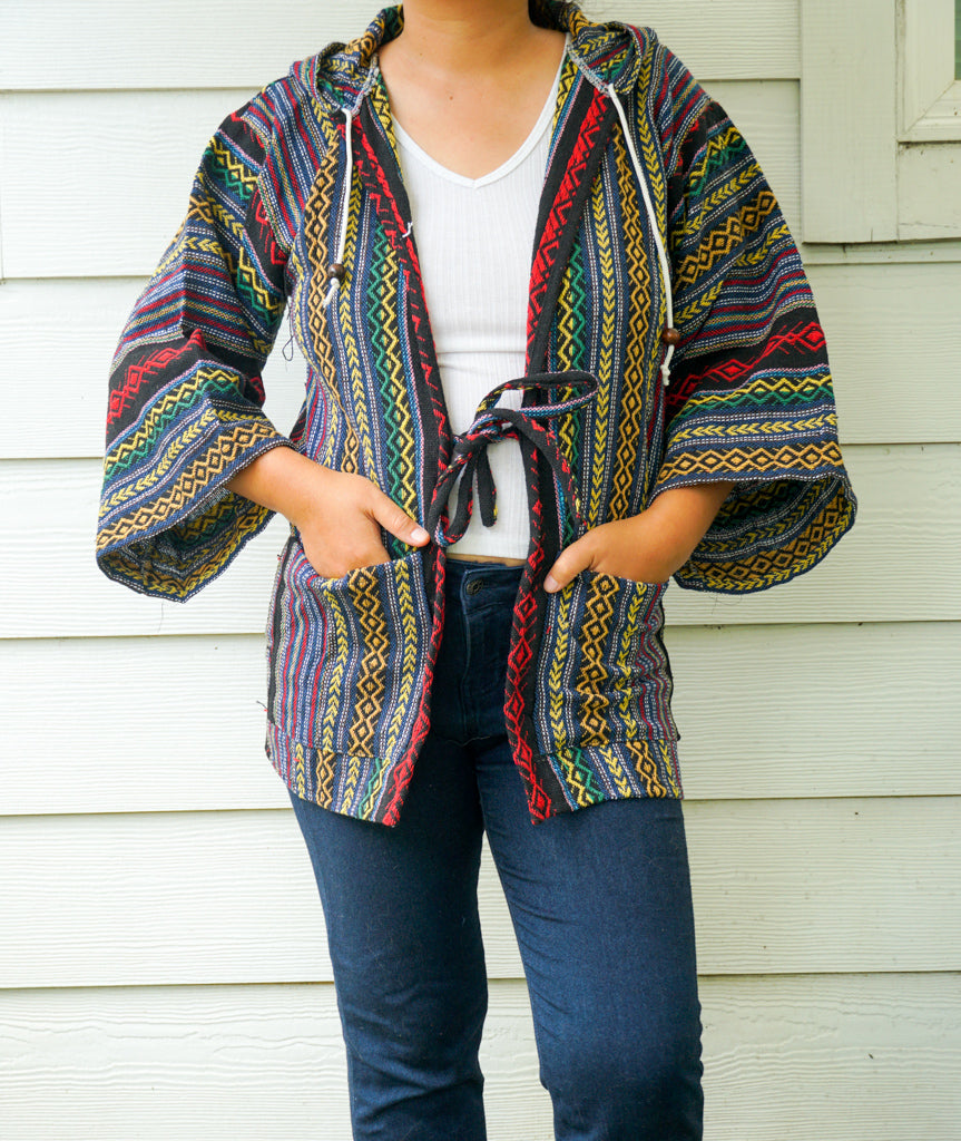 Artisan Woven Cover Up Hooded Jacket Cardigan with Pockets