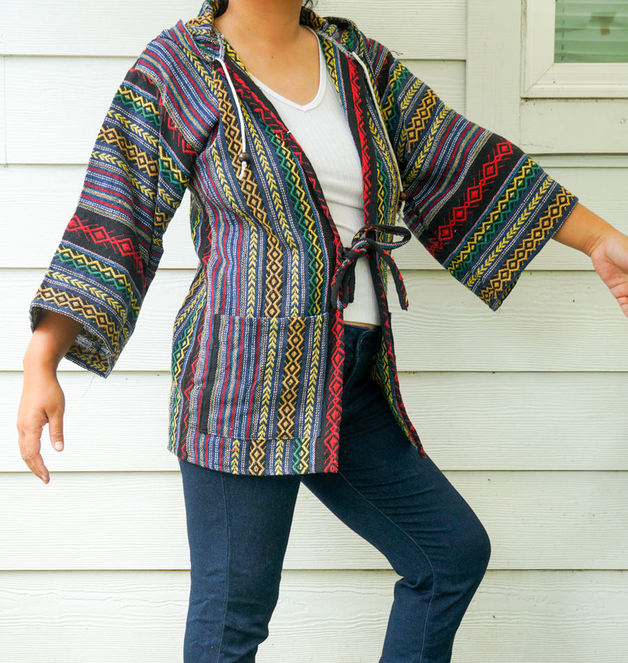 Artisan Woven Cover Up Hooded Jacket Cardigan with Pockets