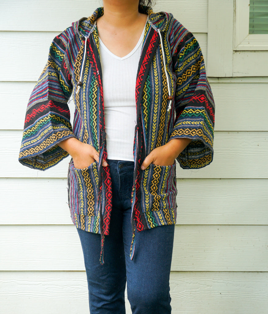 Artisan Woven Cover Up Hooded Jacket Cardigan with Pockets