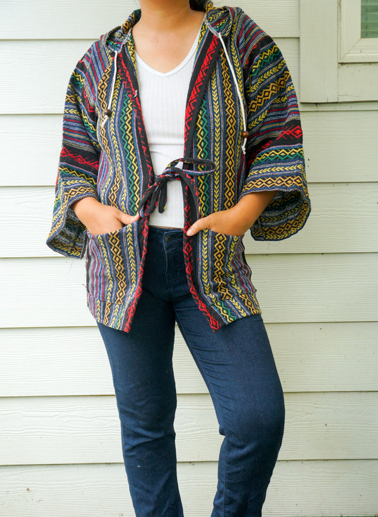 Artisan Woven Cover Up Hooded Jacket Cardigan with Pockets