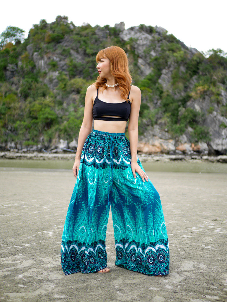 Turquoise Peacock Wide Leg Palazzo Pants