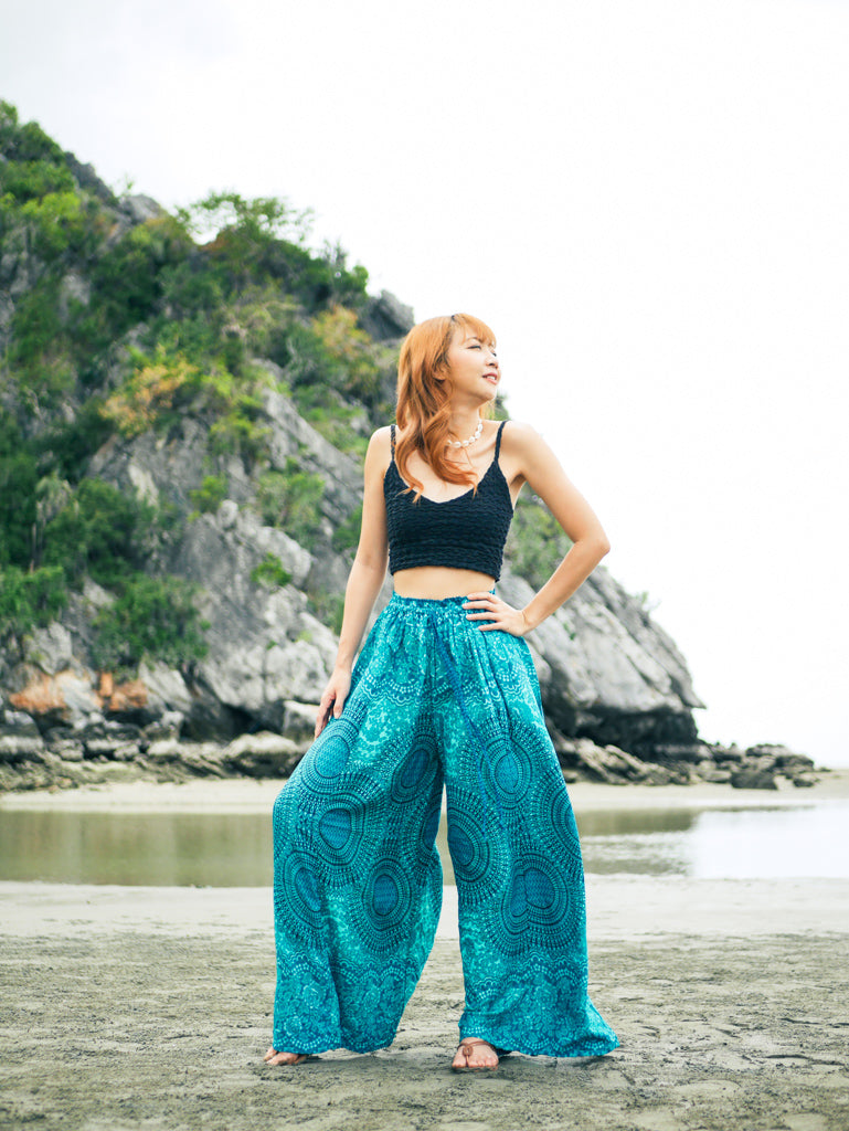 Turquoise Teal Mandala Floral Wide Leg Palazzo Pants