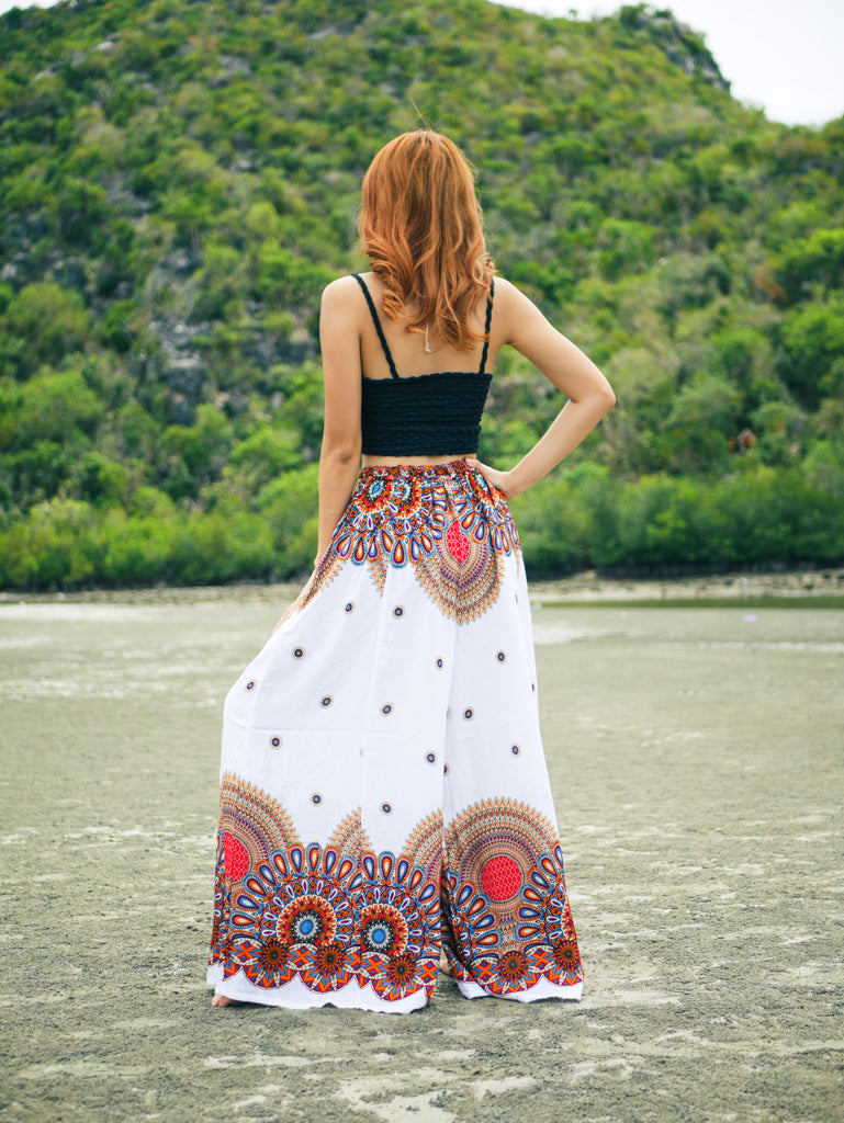 White Mandala Floral Wide Leg Palazzo Pants