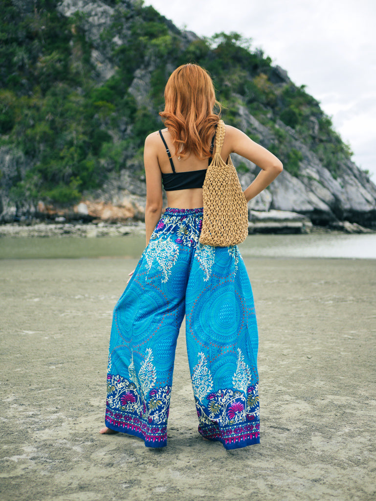 Turquoise Teal Floral Mandala Wide Leg Palazzo Pants