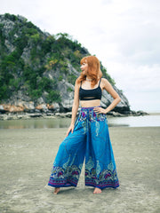 Turquoise Teal Floral Mandala Wide Leg Palazzo Pants