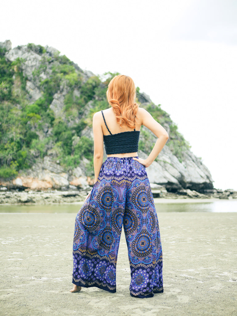 Dark Purple Mandala Wide Leg Palazzo Pants