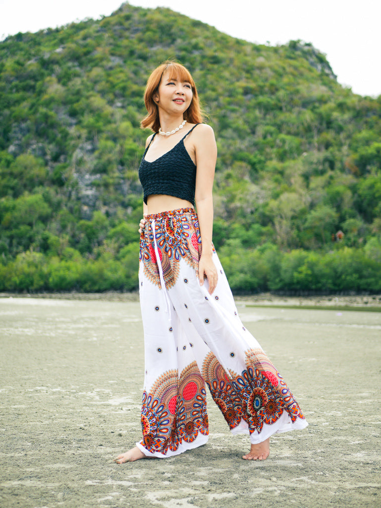 White Mandala Floral Wide Leg Palazzo Pants