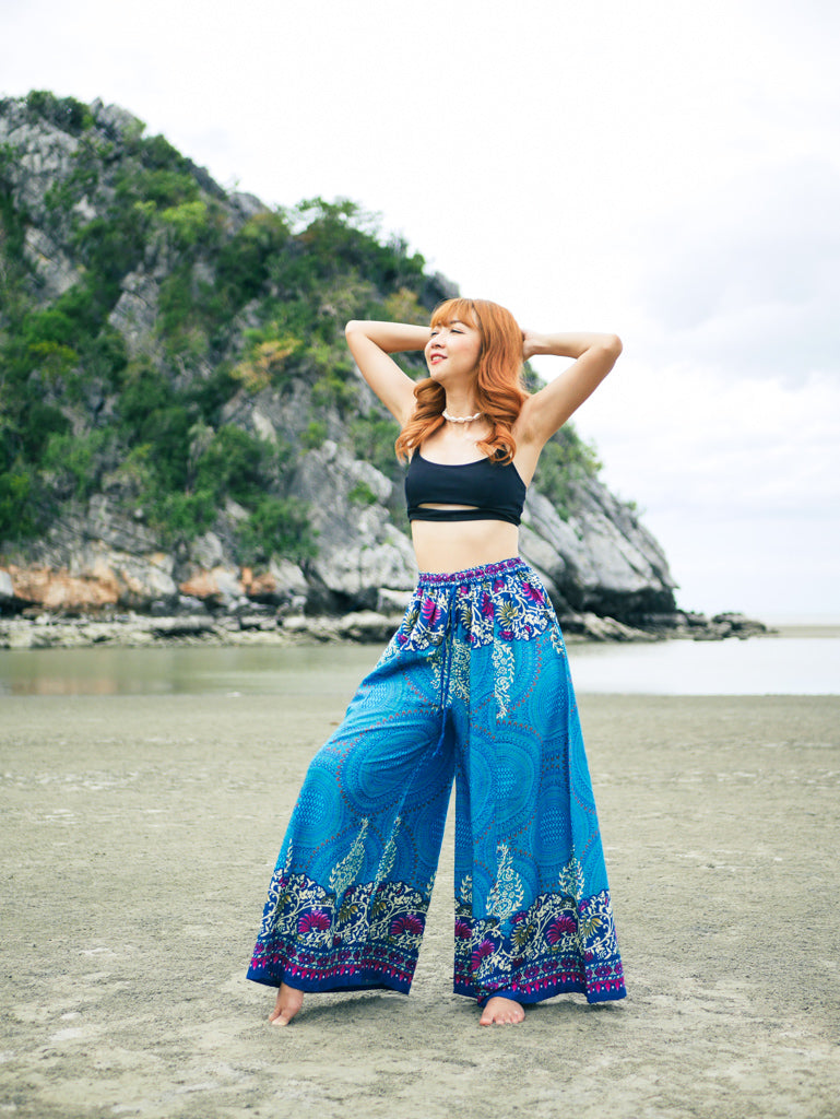 Turquoise Teal Floral Mandala Wide Leg Palazzo Pants