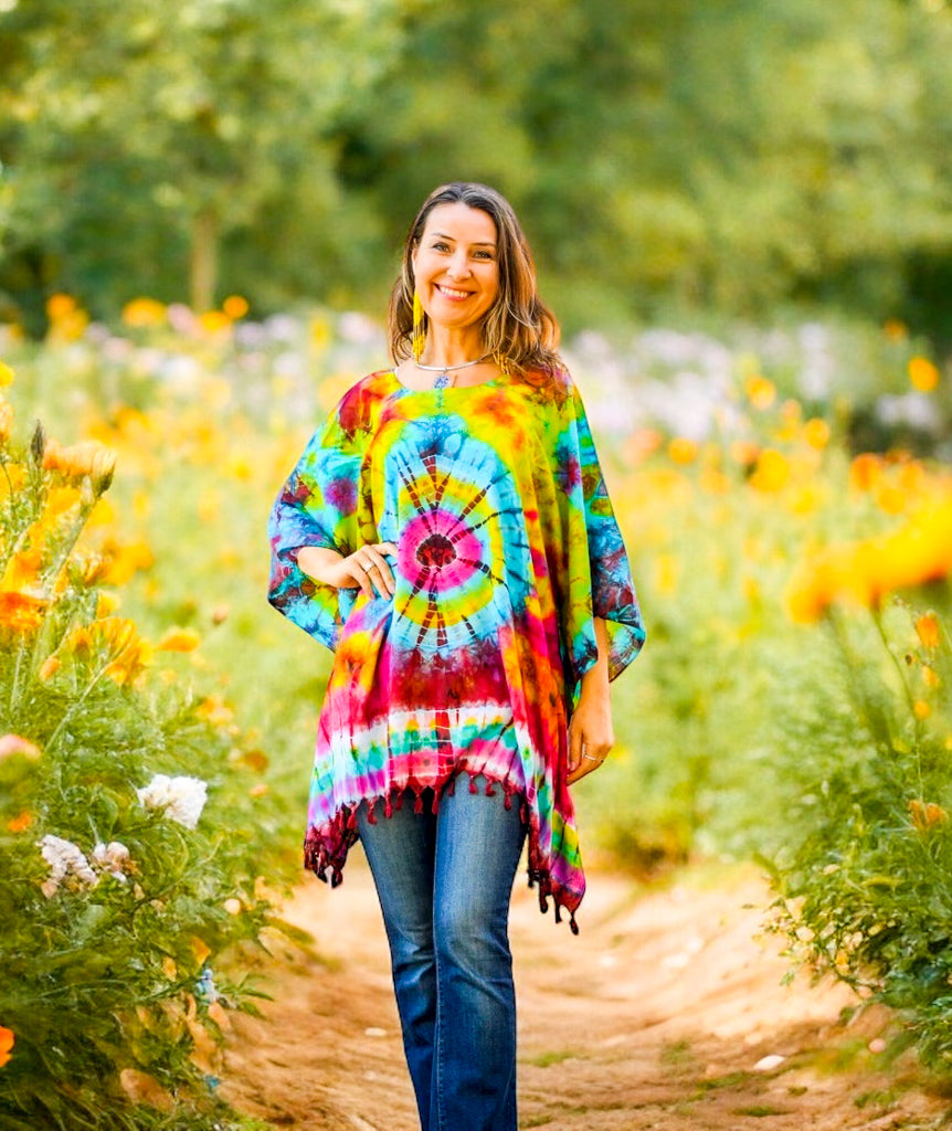 Harmony Rainbow Tie Dye Poncho Blouse Kaftan Tunic Top