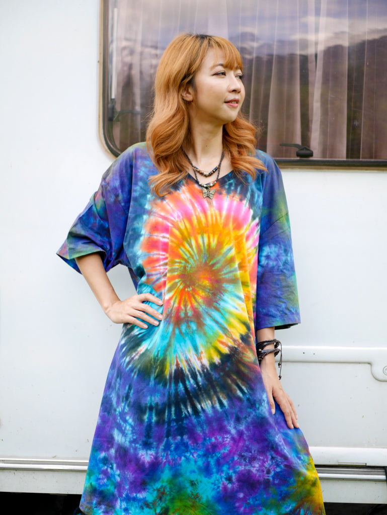 Rainbow Radiance Hippie Oversized Cotton Tunic Shirt Dress