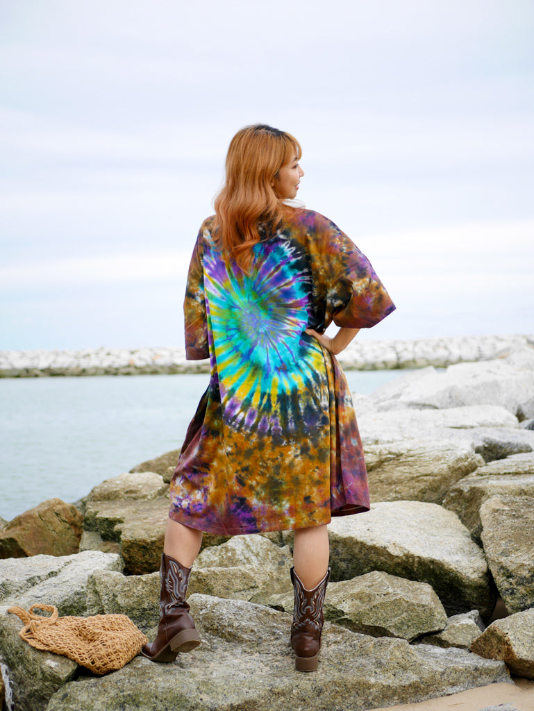 Earthy Swirl Hippie Oversized Cotton Tunic Shirt Dress