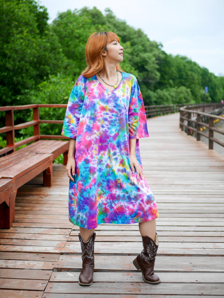 Rainbow Clouds Hippie Oversized Cotton Tunic Shirt Dress