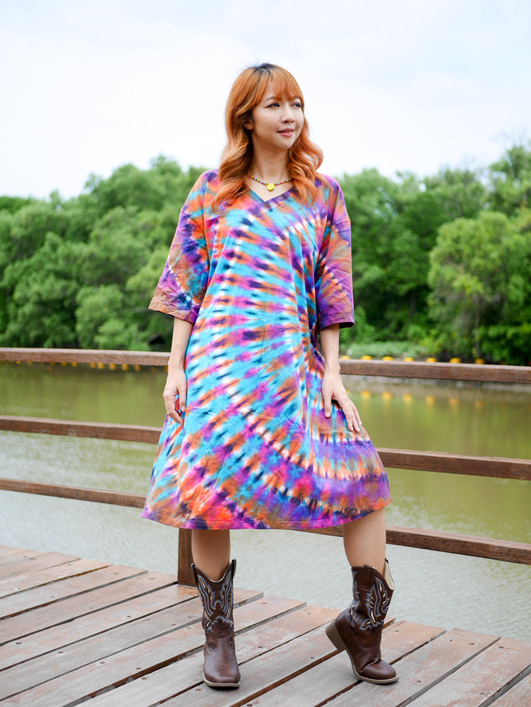 Aurora Whirl Hippie Oversized Cotton Tunic Shirt Dress