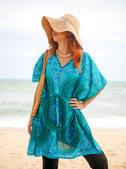 Green Turquoise Mandala Floral Kaftan Blouse Tunic