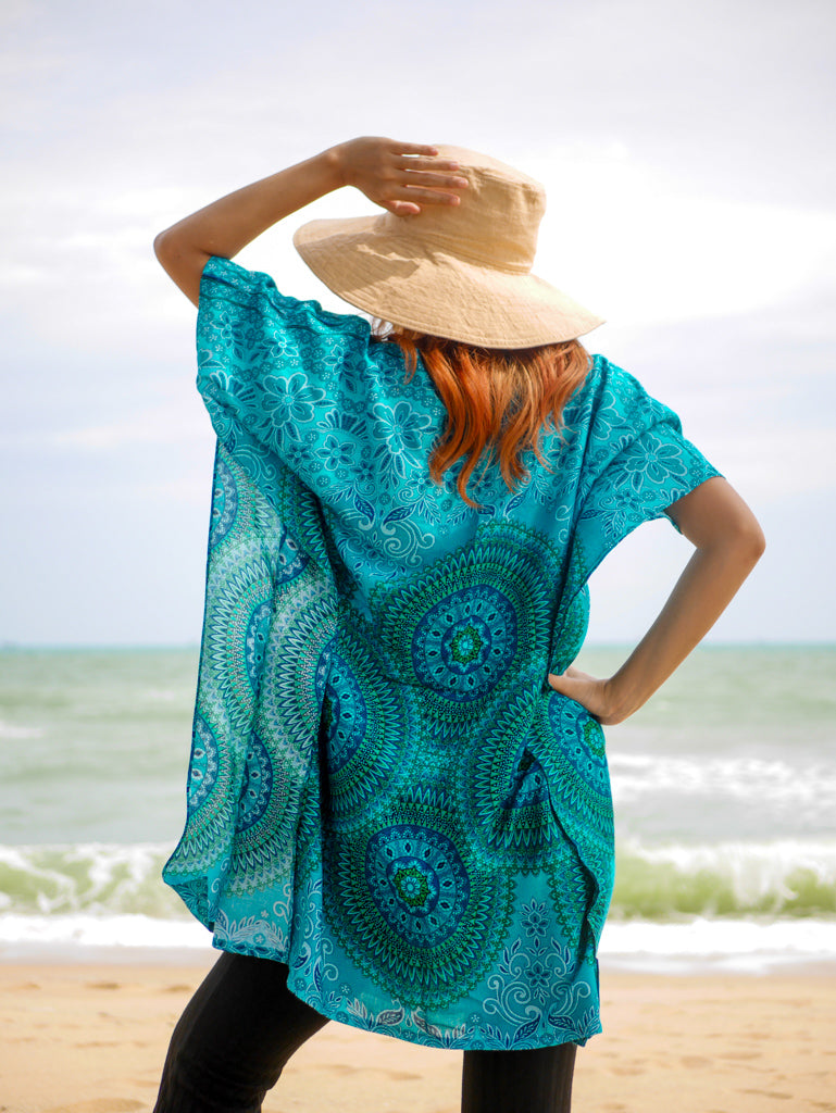 Green Turquoise Mandala Floral Kaftan Blouse Tunic