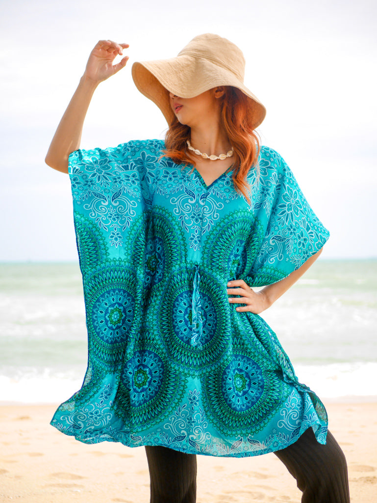 Green Turquoise Mandala Floral Kaftan Blouse Tunic