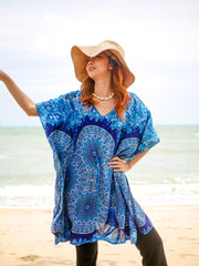 Navy Turquoise  Mandala Floral Kaftan Blouse Tunic